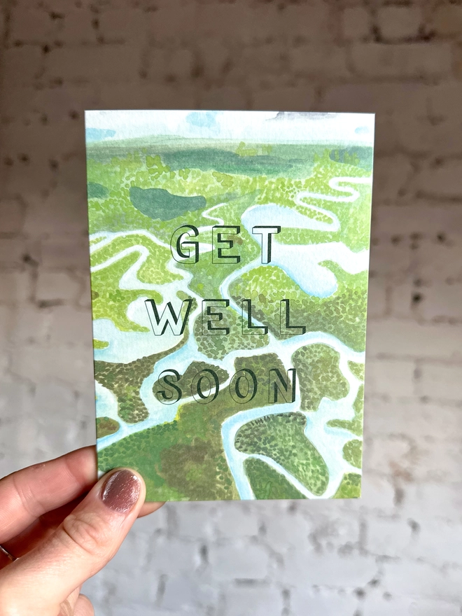 a greetings card featuring an illustration of the Everglades National Park with the text “GET WELL SOON”