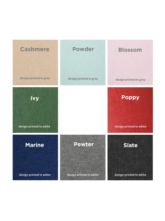 Personalised Baby Shower Guestbook. A colour chart showing all the colour options in a linen embossed cover.