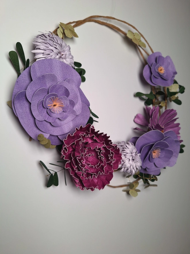 Side view of a purple flower wreath 
