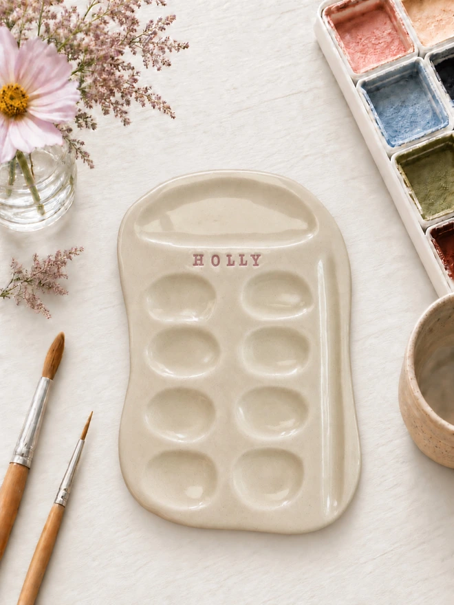 handmade personalised ceramic paint palette, jenny hopps pottery