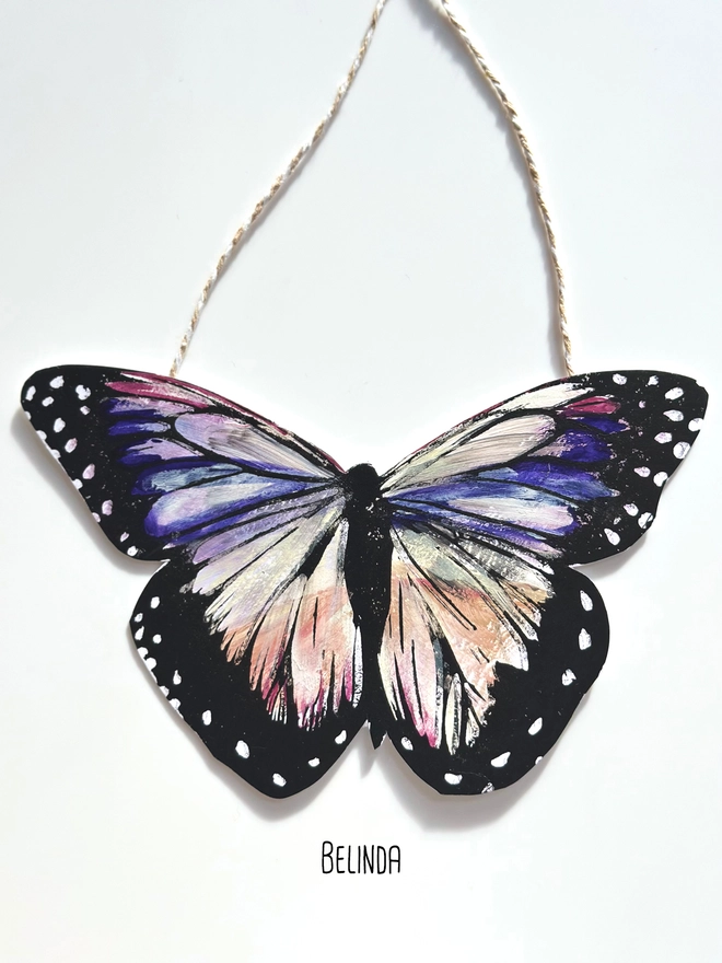 Hand Painted Butterfly Colourful Linocut Hanging Decoration In purple sage green orange peach and black