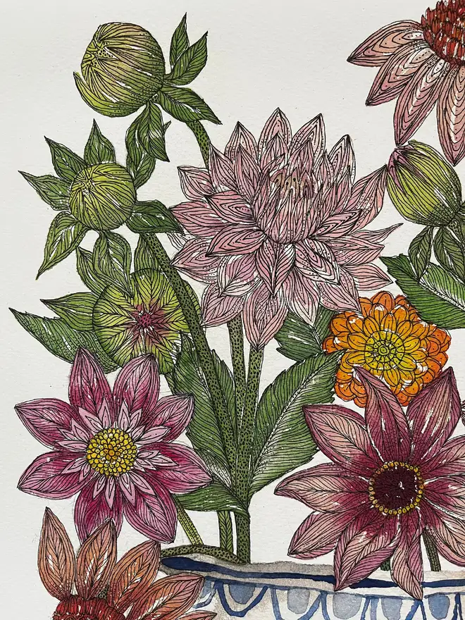 'A Delightful Bunch Of Dahlias' A3 Giclee Art Print