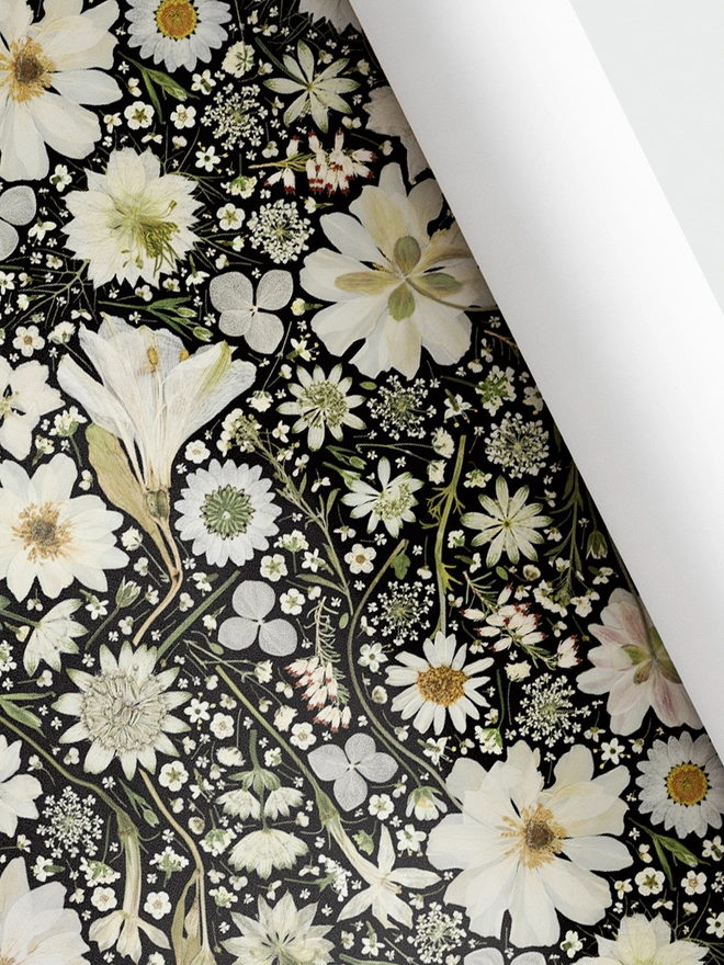 Recycled gift wrap created from pressed white flowers, including Nigella, Daisy, Astrantia, Queen Anne's Lace, Hydrangea, Cow Parsley and Heather.