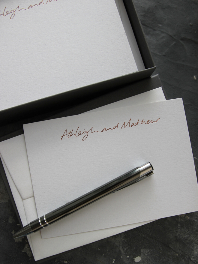 peronalised correspondance notecards hand foiled in rose gold foil