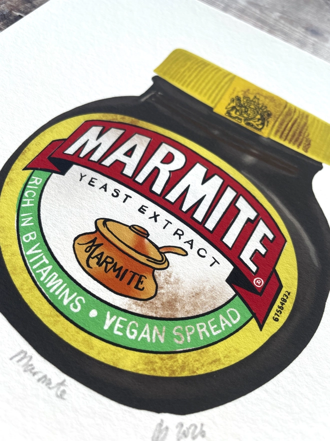 Close up of Hand illustrated Jar of Marmite print