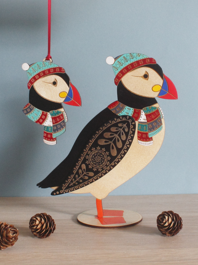 Festive Christmas Hand Painted Wooden Standing and Hanging Puffin Bird Decoration