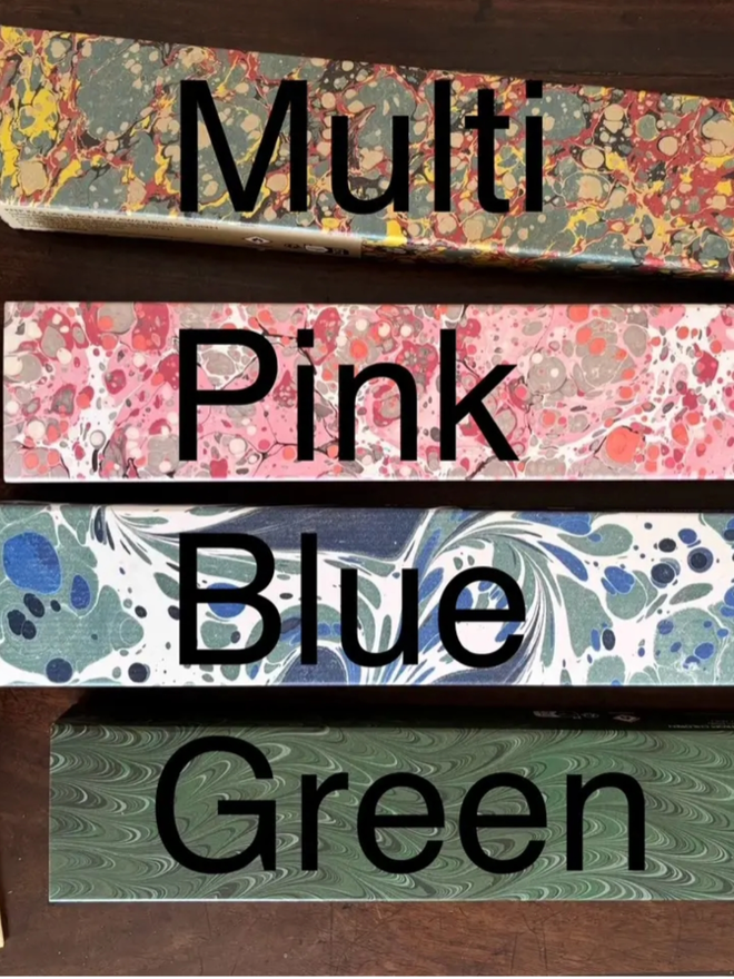 Long Matchbox. A selection of all matchboxes available. Their colours are labelled.