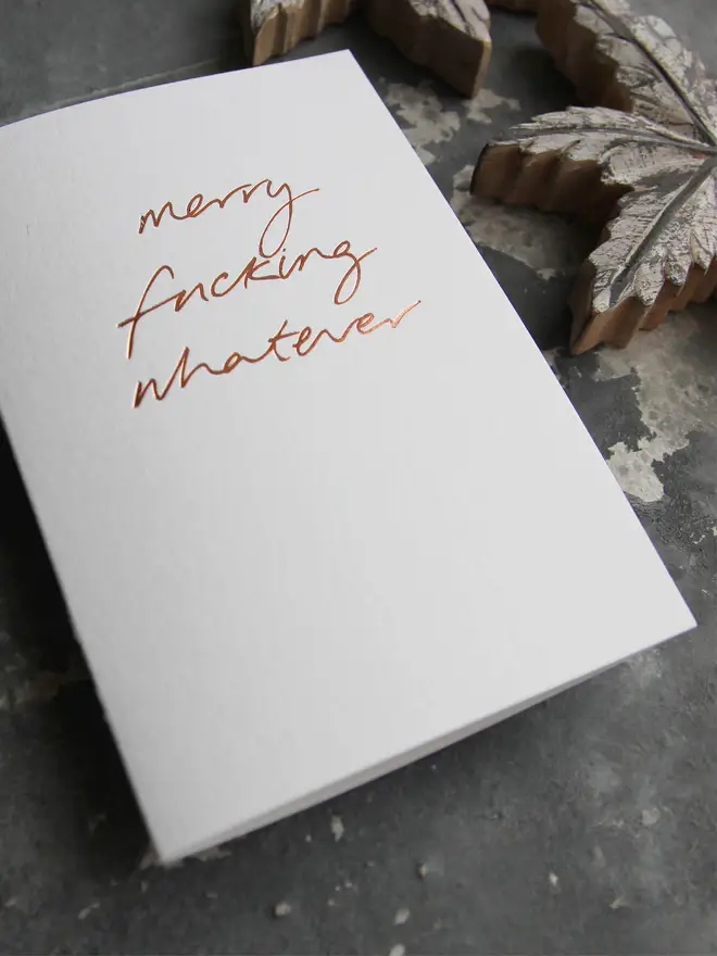 merry whatever white christmas card metallic script