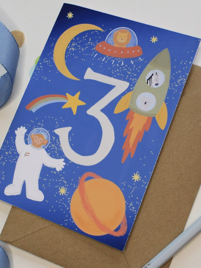boys blue 3rd birthday card with animal  space rocket illustration
