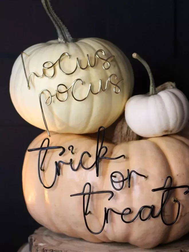 Hocus Pocus wired sign seen in a white pumpkin on top of an orange pumpkin with a black trick or treat wired sign.