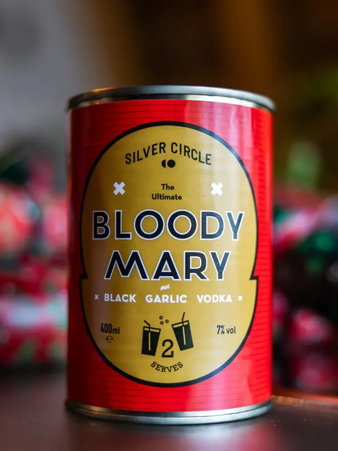 The Ultimate Bloody Mary In A Soup Can (Set Of 1, 2, 4), glass of bloody mary on a table. 