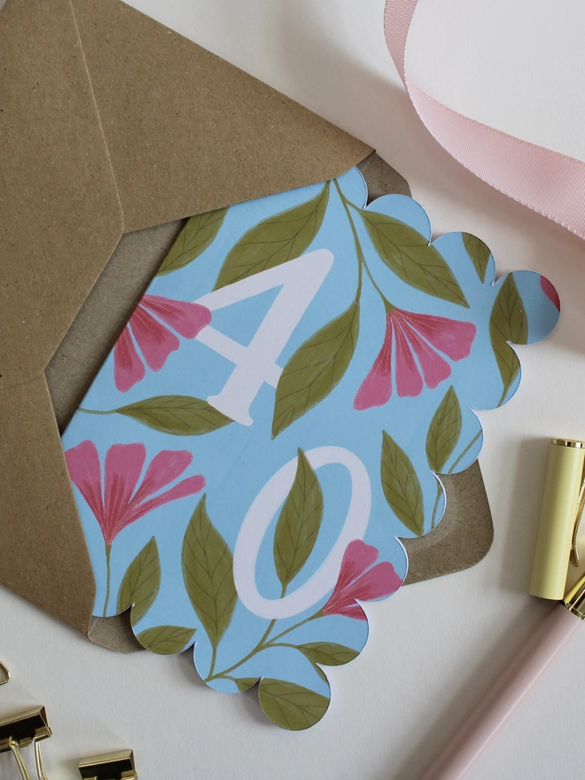 floral 40th birthday card with scalloped edge pink and blue