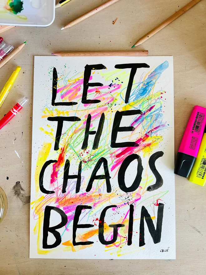 Let The Chaos Begin original artwork in watercolour, ink, pens and pencils.
