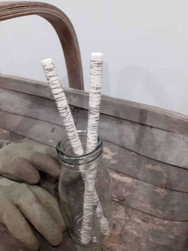 2 Birch Bark Ceramic Drinking Straws. White earthenware ceramic straws with a black printed birch bark effect.