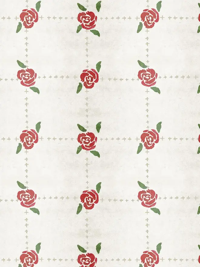 cottage rose illustrated wallpaper. a white background wallpaper patterned with red roses.