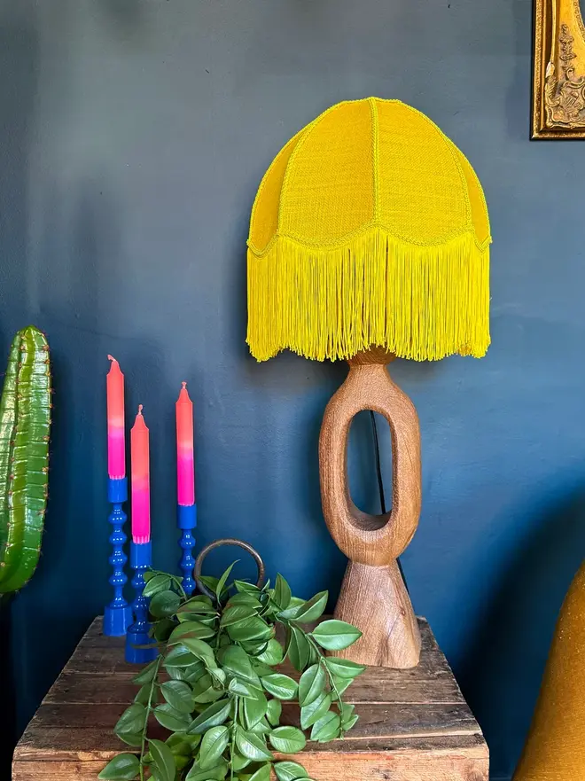 Fringed Hessian Dome Lampshade In Sunburst Yellow