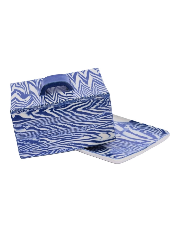 Herringbone Butter Dish, a blue butter dish sitting on a white surface. 