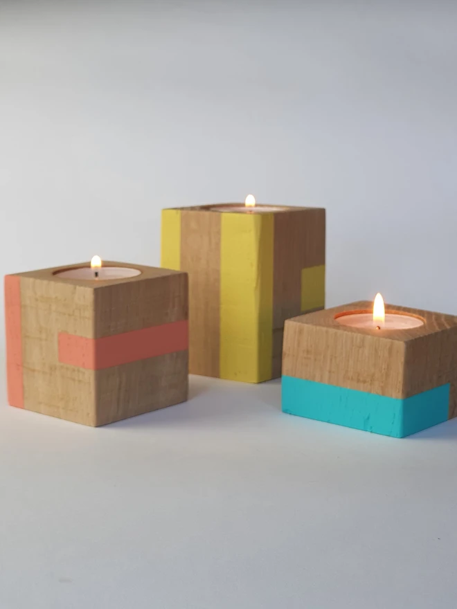 Tall Stripe Design Wooden Cube Candle