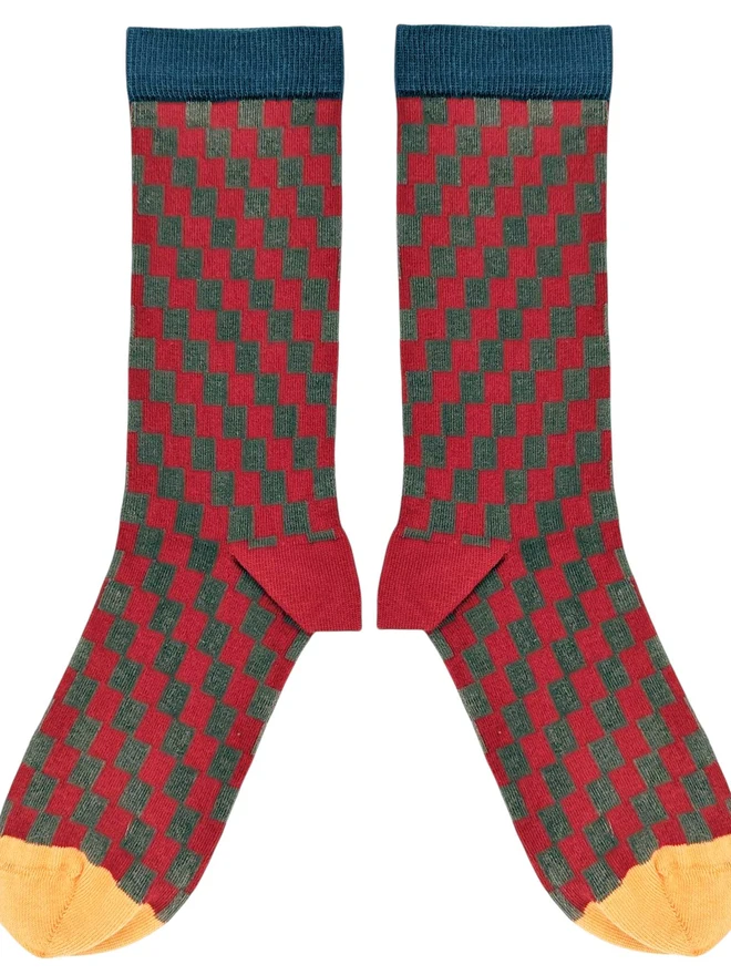 men's red check cotton socks 