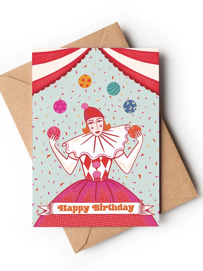 Circus Juggler Birthday Card with brown envelope