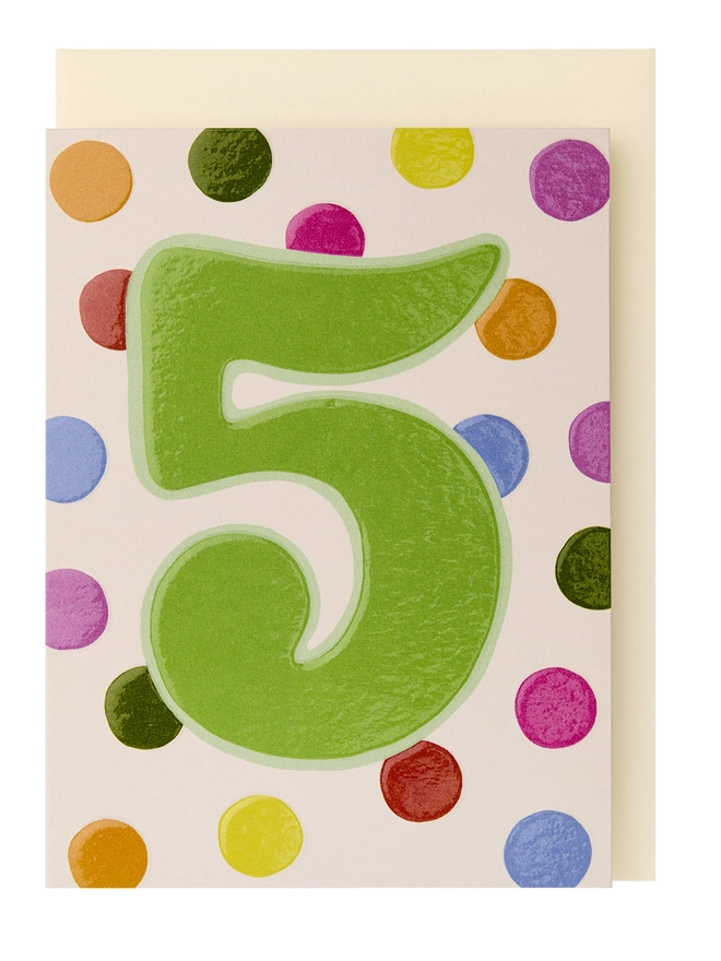 Age 5 card with colourful polka dots and large green 5 in the centre