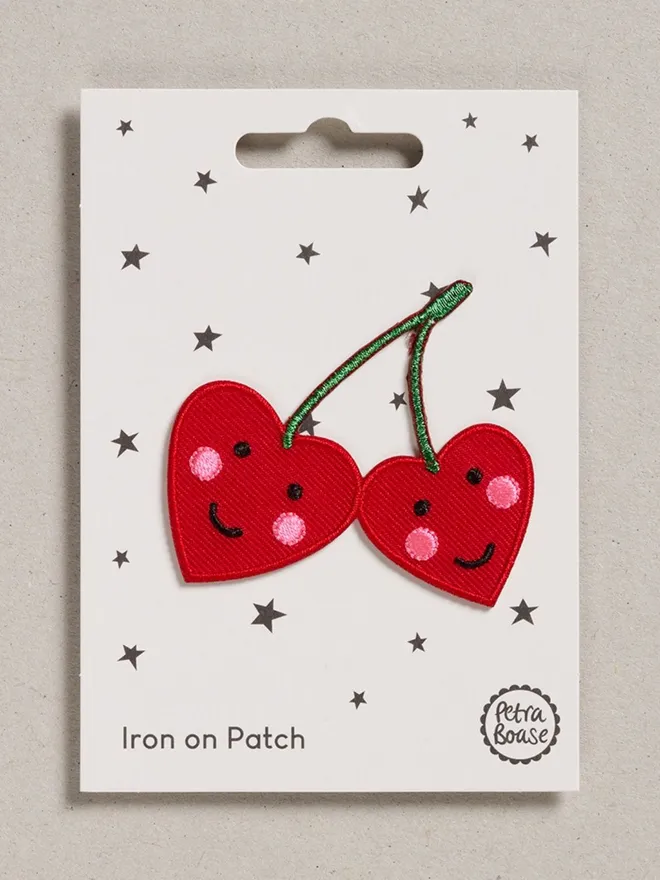 Cherries embroidered fabric patch with an iron-on backing