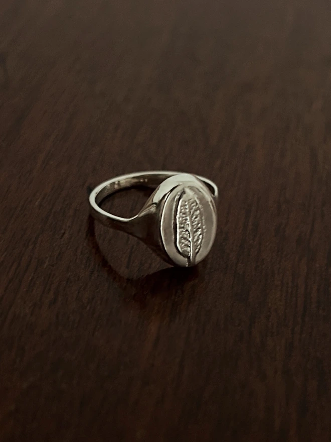 Sterling silver signet ring with a real sage leaf cast representing wisdom in the language of flowers 