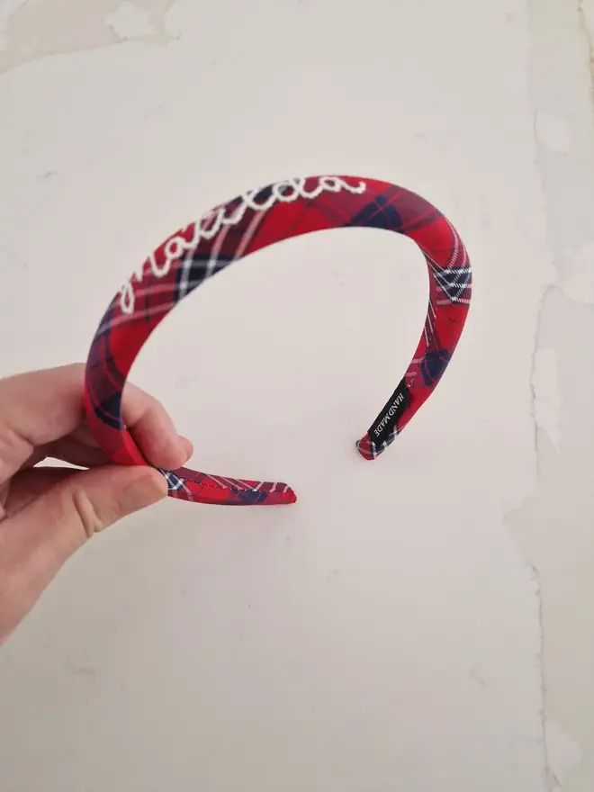 hand embroidered red blue tartan name headband