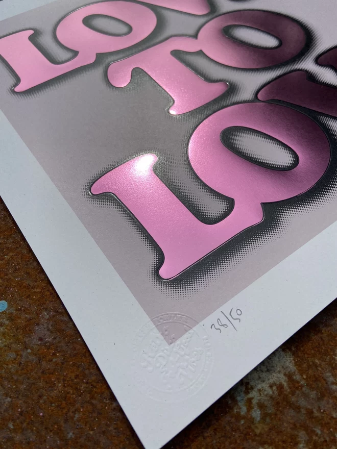 Metallic Hot Foil  "Love to Love" Screen Print in lilac. typography says love to love with a drop shadow the print is square 