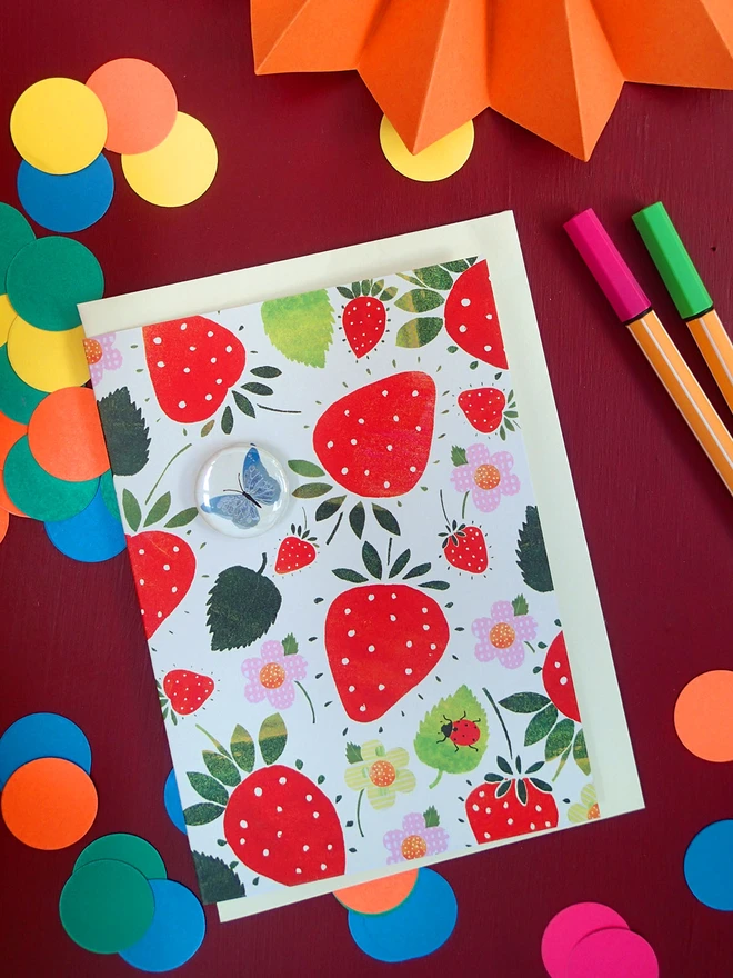 strawberry and butterfly card with pin badge