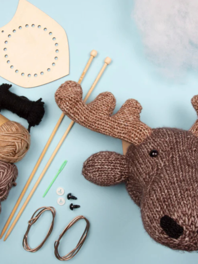 Mini Moose Head Knit Kit. A kit with all equipment shown.