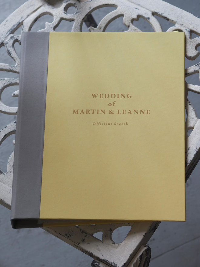personalised wedding keepsake ring binder. a personalised yellow ring binder.