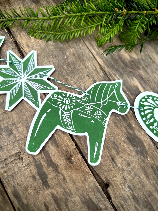 Traditional Nordic Dala Horse Christmas Linocut Garland