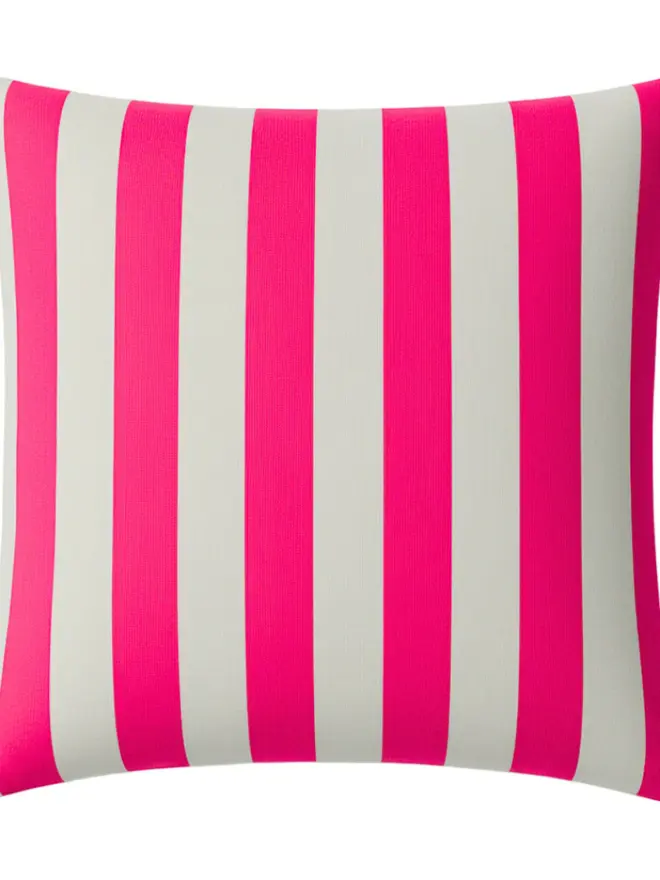 Hand Painted Sustainable Linen Cushion In Stripe Print, a neon pink striped cushion against a white background. 