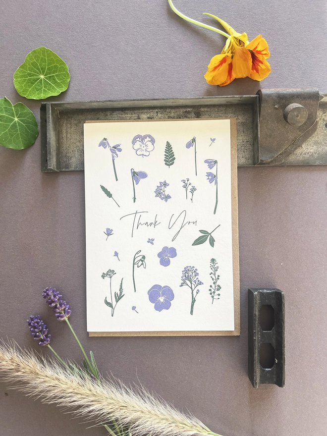 Blue Floral Thank you card with floral bits around it.