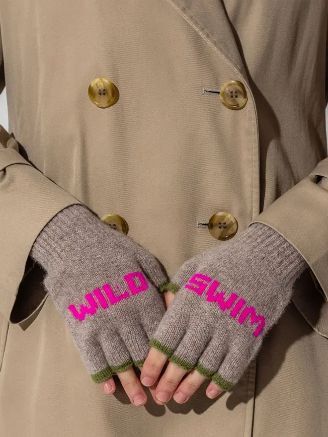 wild swim mittens Main - Mushroom, Wording - Neon Pink