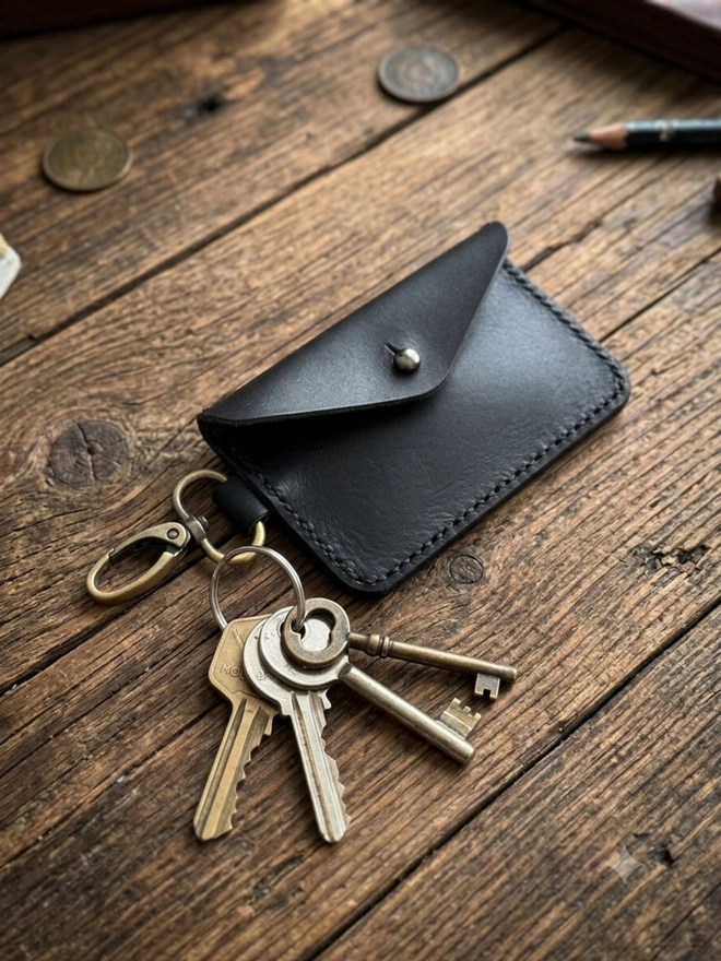 black leather card holder with metal clip