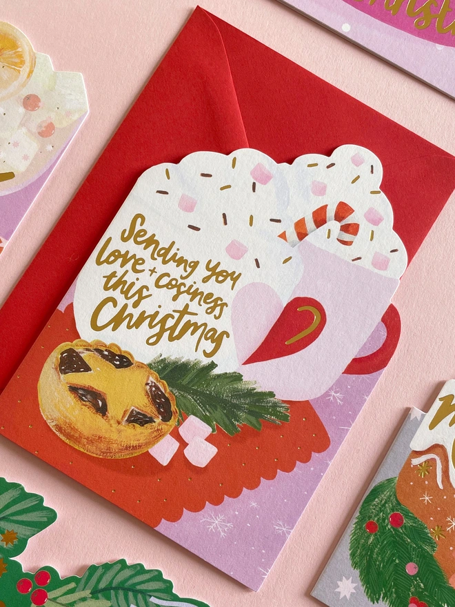 ‘Sending you love & cosiness this Christmas’ Hot Chocolates and Mince Pie Design Christmas Card | Raspberry Blossom