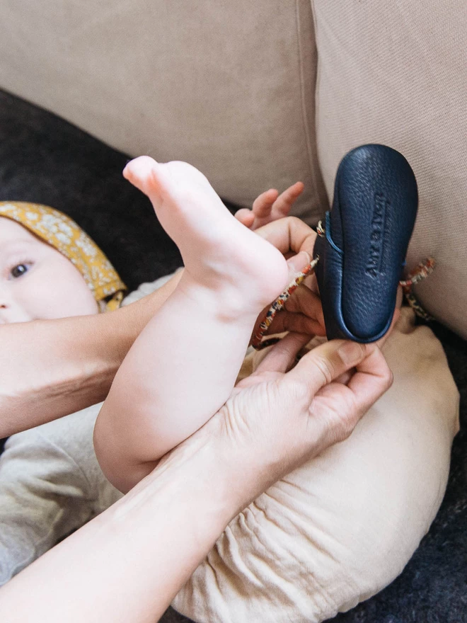 Ink Blue Leather Baby Shoes with Liberty Print Laces