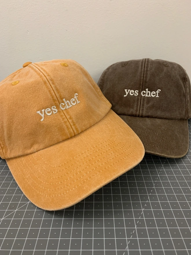 Embroidered Yes Chef Cap in Vintage Canvas Mustard and Brown