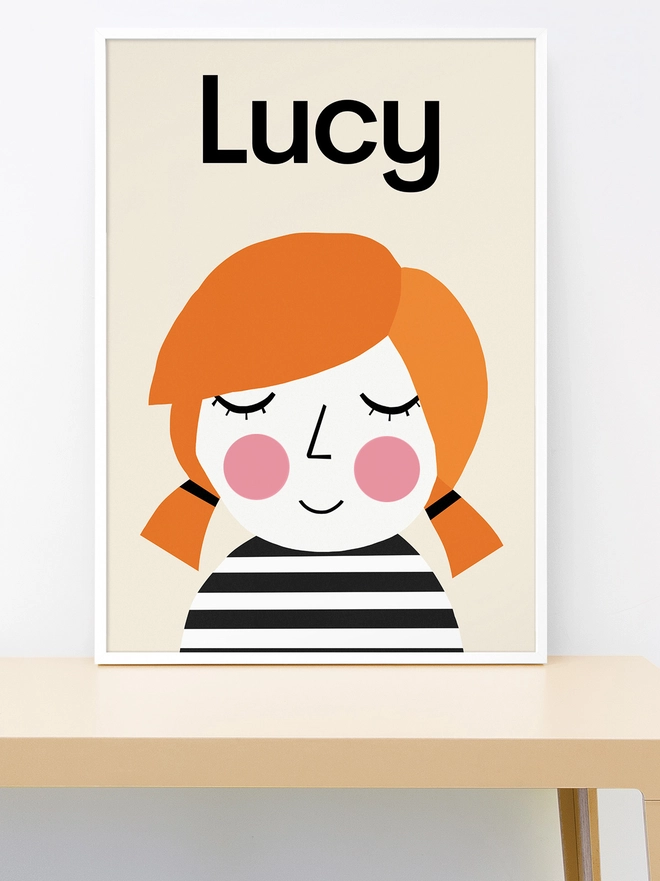 Illustrated personalised portrait of child with ginger hair in bunches