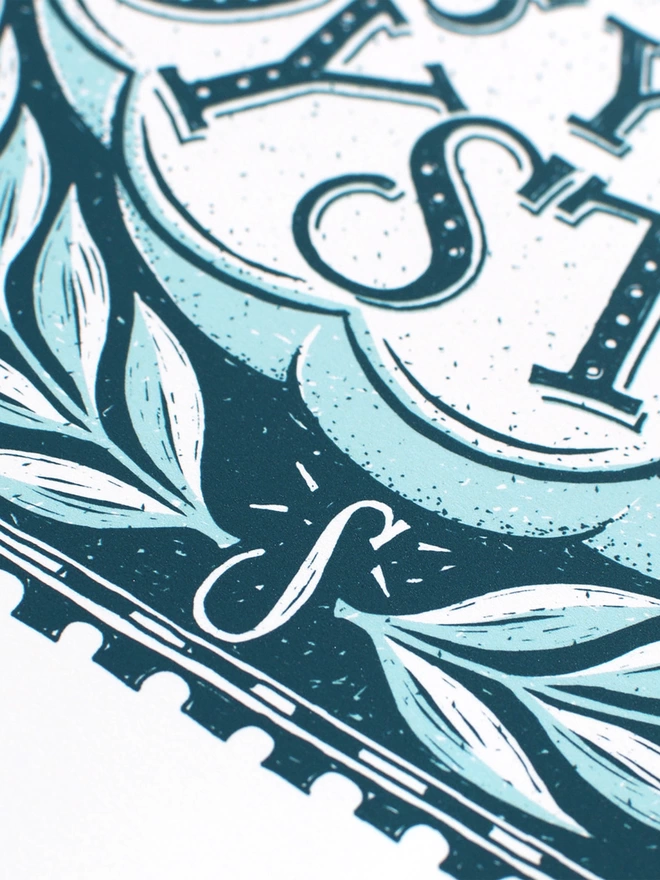 detail of letter S in blue world is your oyster travel print