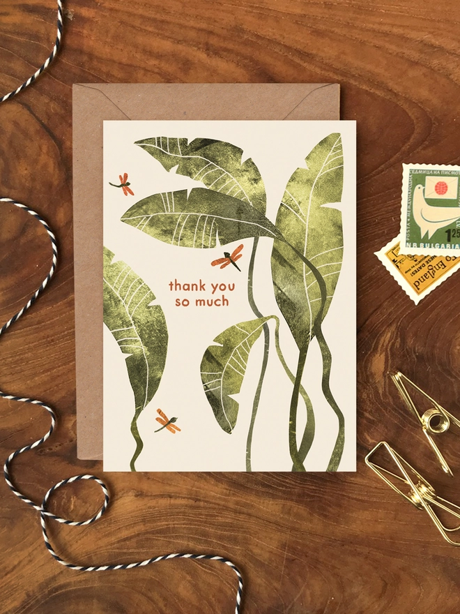 an illustrated greeting card by Emily Nash Illustration featuring some textural palm leaves and the words 'thank you so much'