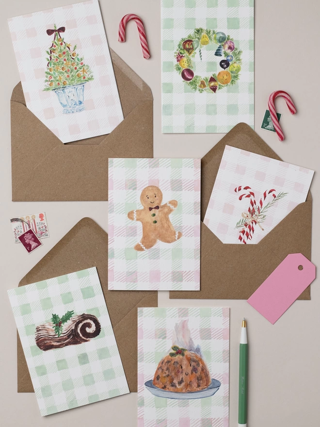 Selection of Christmas Cards set on gingham check, by Melissa Western 