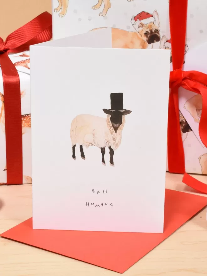 Blank Inside Christmas Card Bah Humbug. On the front is a sheep wearing a top-hat.