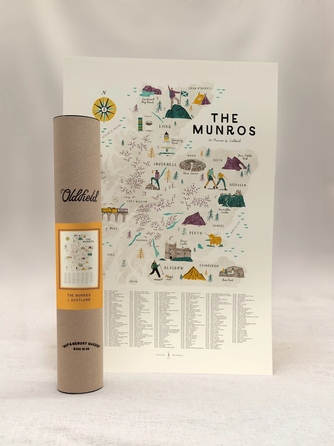 Munros A2 Map Checklist with tube packaging