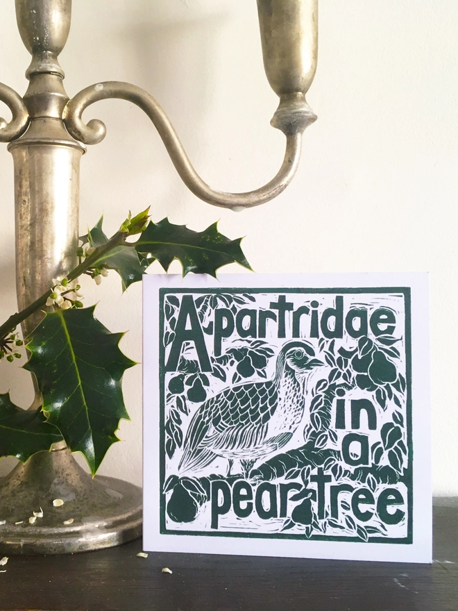 Christmas card Partridge in a Pear Tree The Twelve Days of Christmas' linocut design by Kate Guy