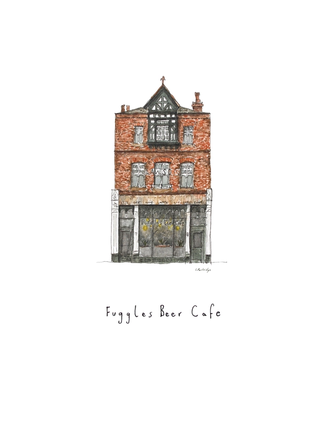 Beautiful watercolour illustration of Fuggles in Tonbridge.  A brick building with a dark framed shopfront that has a large window and wooden fascia sign above with ‘Fuggles Beef Cafe’ written in black lettering. The watercolour style is painted with a black pen outline and organic loose style with small details. The illustration sits on a white background.