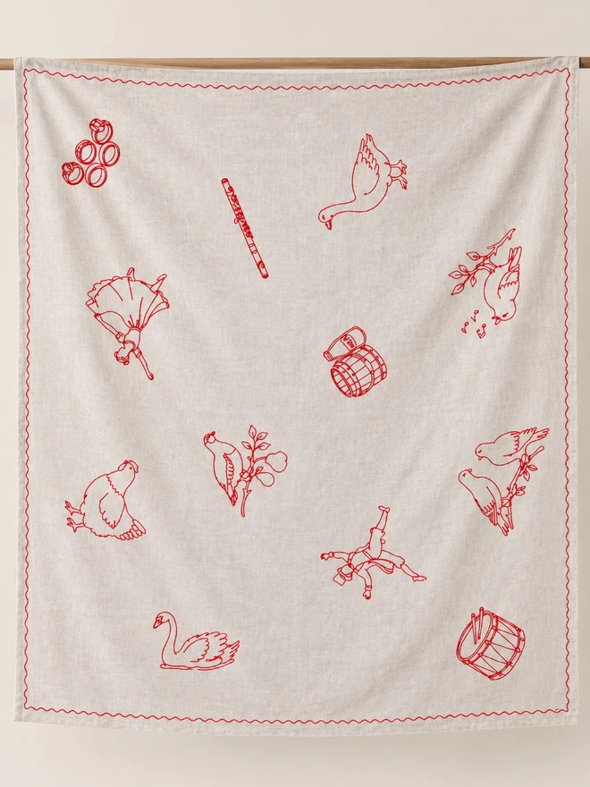 Embroidered Linen 'Twelve Days of Christmas' Tablecloth