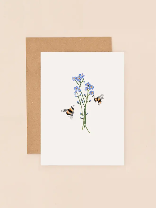 bees and forget me not flower greeting card